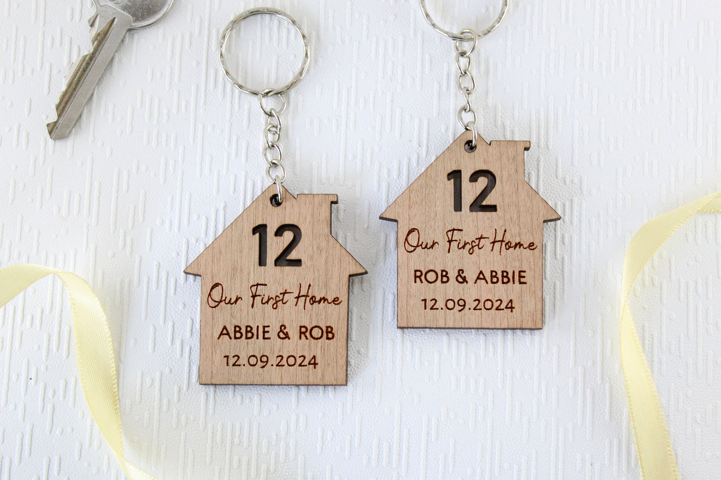 Set of 2 New Home Keyrings, Couples First Home Keyring Set, Personalised New House Gift, His Hers Keyring Set Personalised Home, First House