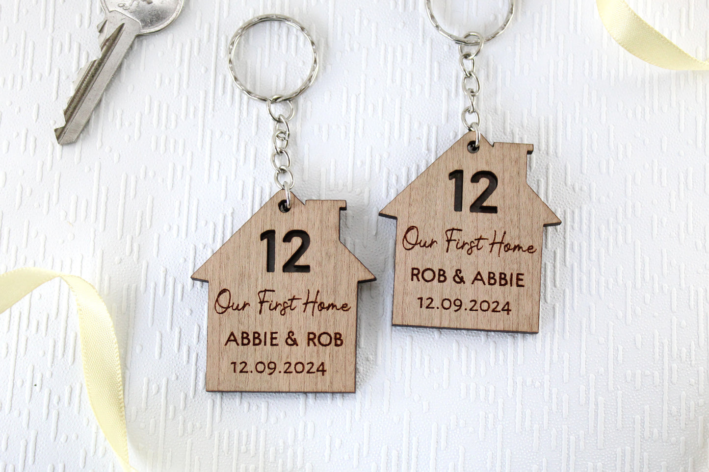 Set of 2 New Home Keyrings, Couples First Home Keyring Set, Personalised New House Gift, His Hers Keyring Set Personalised Home, First House