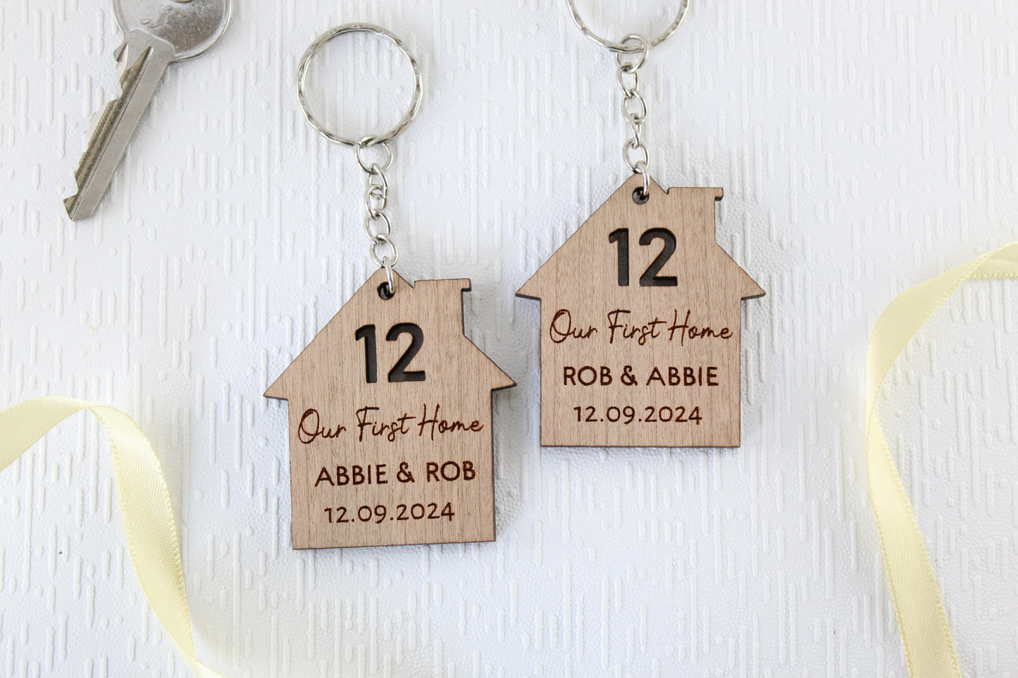 Set of 2 New Home Keyrings, Couples First Home Keyring Set, Personalised New House Gift, His Hers Keyring Set Personalised Home, First House