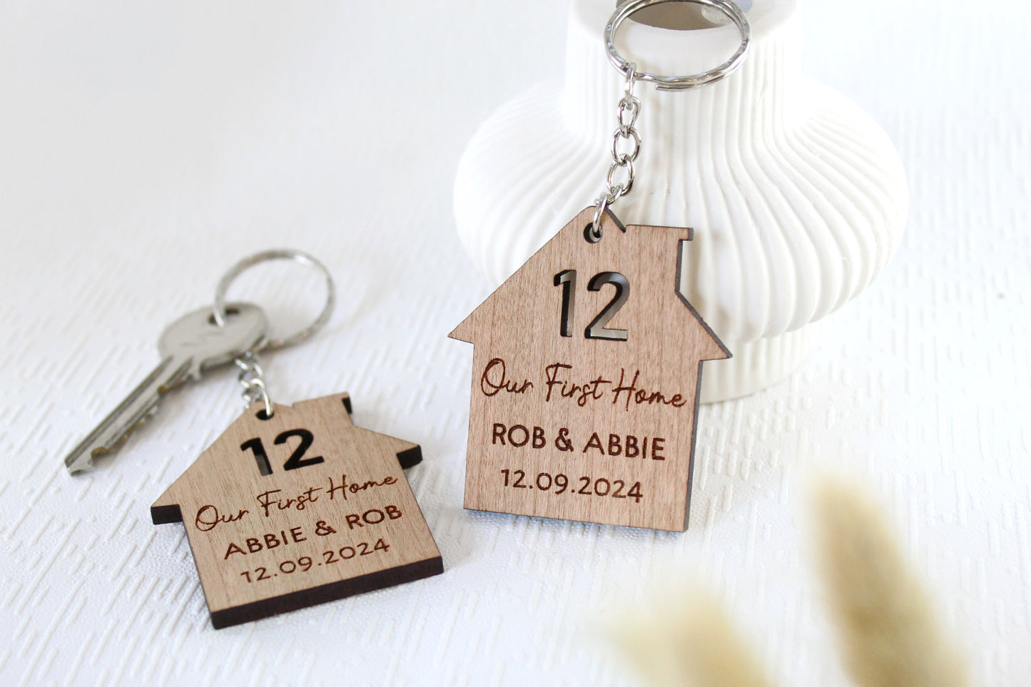 Set of 2 New Home Keyrings, Couples First Home Keyring Set, Personalised New House Gift, His Hers Keyring Set Personalised Home, First House