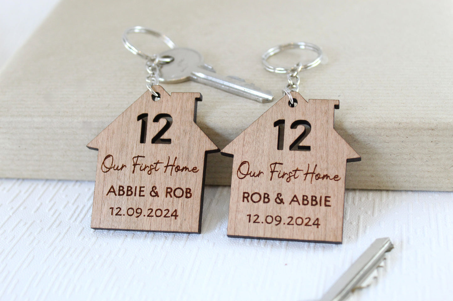 Set of 2 New Home Keyrings, Couples First Home Keyring Set, Personalised New House Gift, His Hers Keyring Set Personalised Home, First House