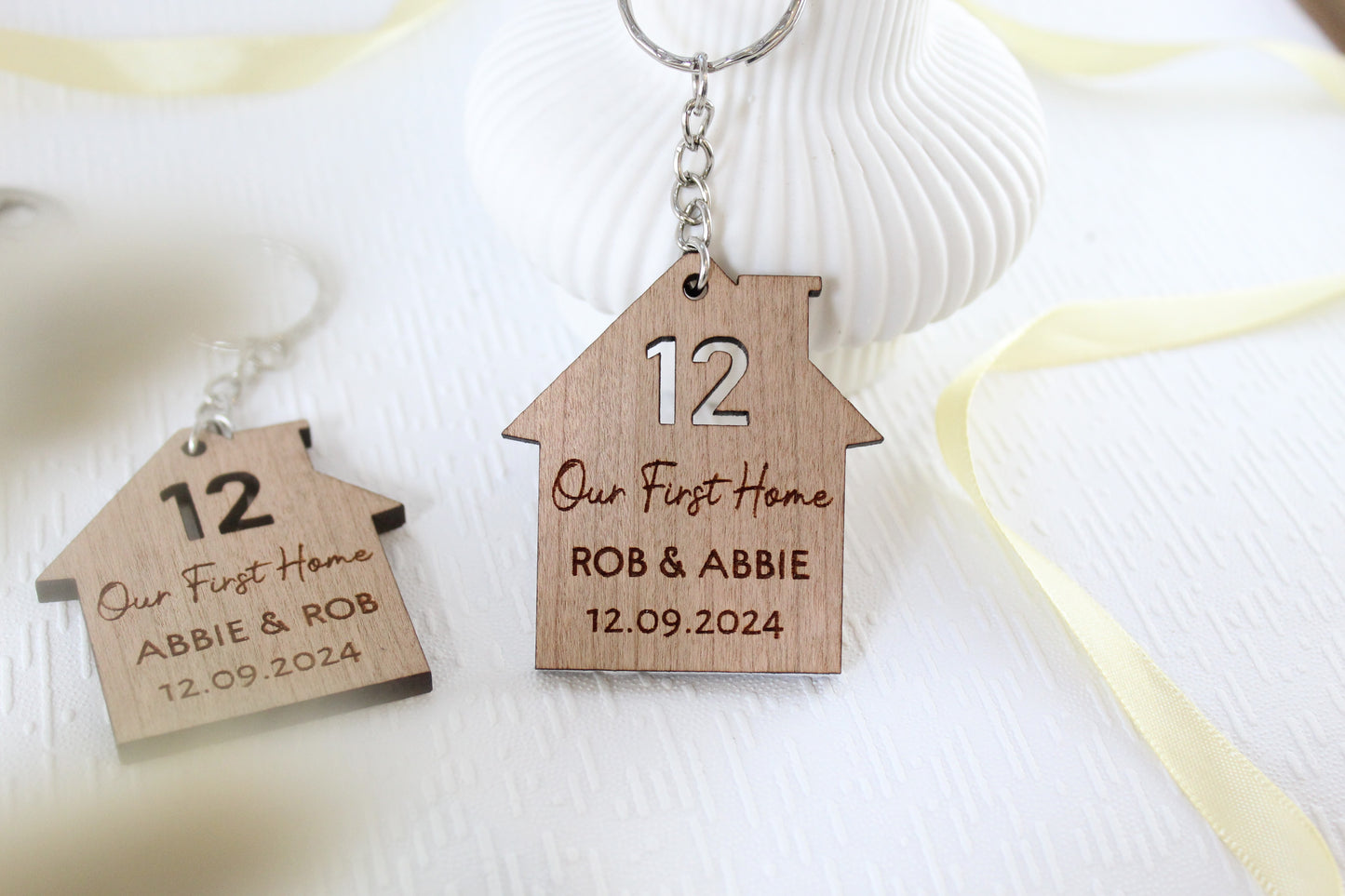 Set of 2 New Home Keyrings, Couples First Home Keyring Set, Personalised New House Gift, His Hers Keyring Set Personalised Home, First House