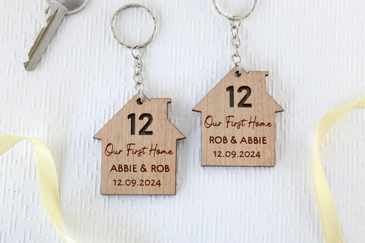 Set of 2 New Home Keyrings, Couples First Home Keyring Set, Personalised New House Gift, His Hers Keyring Set Personalised Home, First House